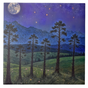 Silent Pines, Cosmic Dance – A Forest Landscape Ceramic Tile