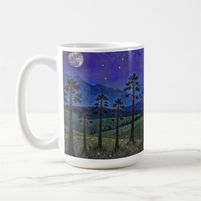 Silent Pines, Cosmic Dance – A Forest Landscape Coffee Mug (Left)