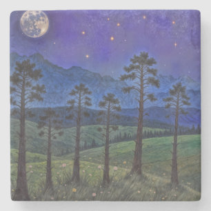 Silent Pines, Cosmic Dance – A Forest Landscape Stone Coaster
