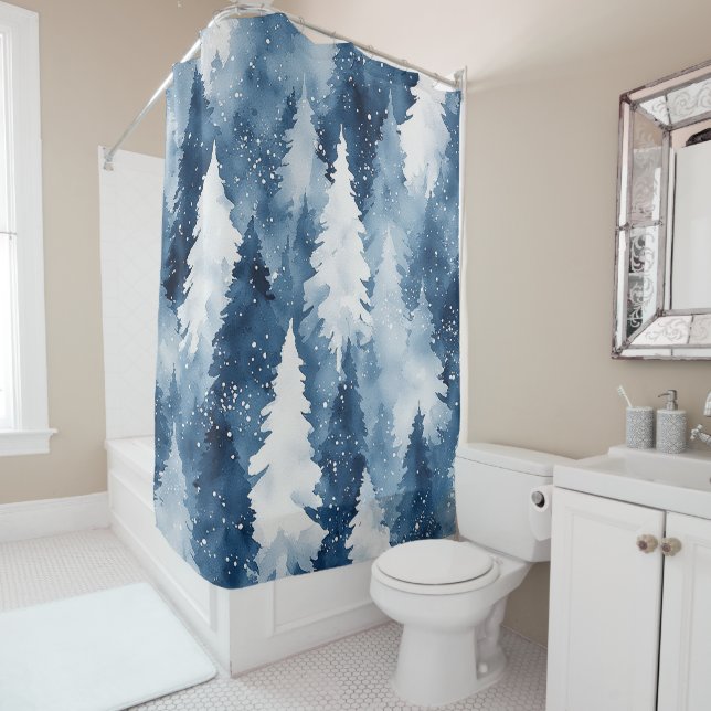 Silent Pines Winter Forest Shower Curtain (In Situ)