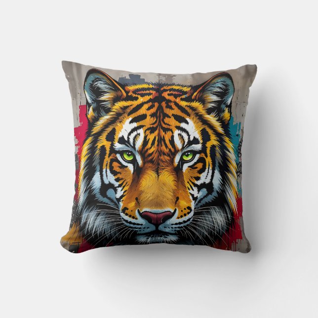 Silent Strength – Tiger Graffiti Art Throw Pillow (Front)