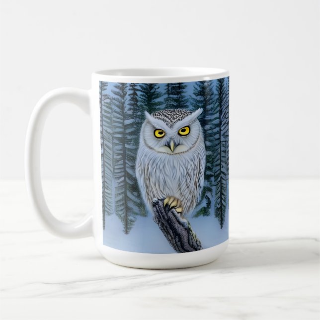 Silent Watch - Northern Winter Woods Gray Owl Coffee Mug (Left)