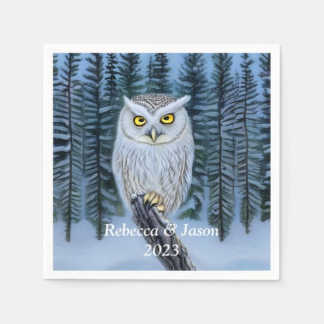 Silent Watch - Northern Winter Woods Gray Owl Napkin (Front)