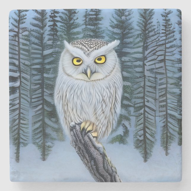 Silent Watch - Northern Winter Woods Gray Owl Stone Coaster (Front)