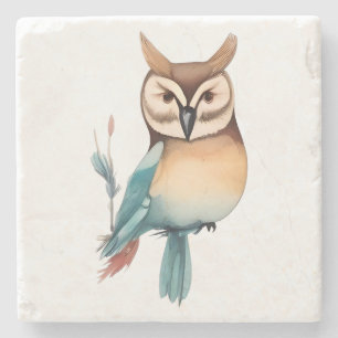 Silent Watcher: Whimsical Owl in Soft Tones Stone Coaster