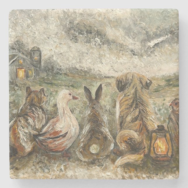 Silent Watching Whimsical Farmhouse Animals  Stone Coaster (Front)