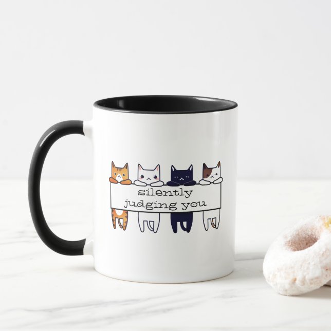"Silently judging you" kawaii cats hanging Mug (With Donut)
