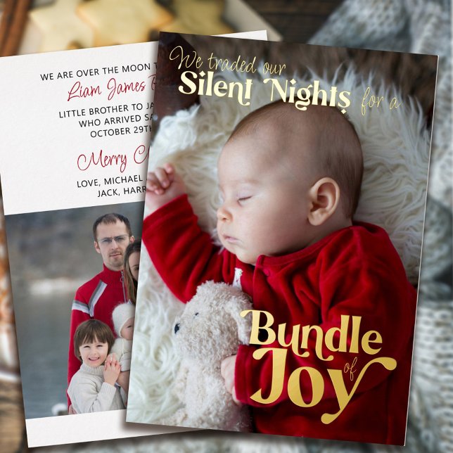 Silents Nights Bundle of Joy 2 Photo Baby Birth Foil Holiday Card (Creator Uploaded)