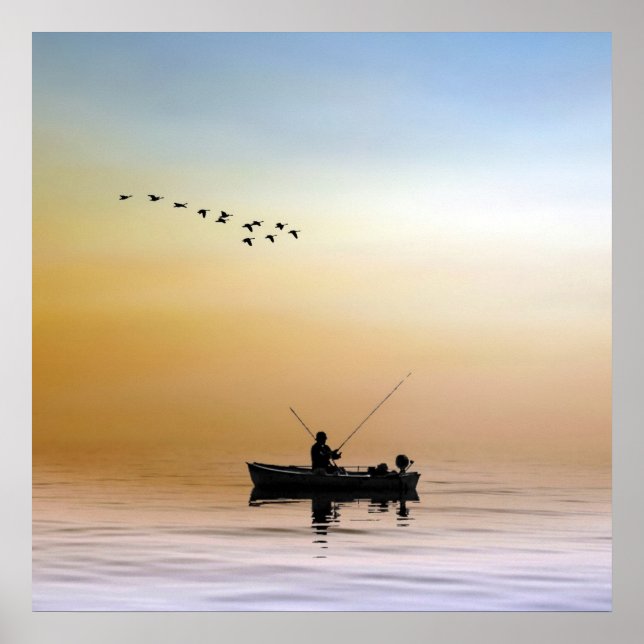 Silhouette angler fishing on lake poster (Front)
