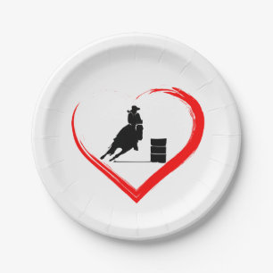 Silhouette Barrel Racing Cowgirl, Horse and Heart Paper Plate