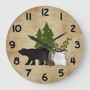 Silhouette Bear Rustic Country Mountain Large Clock