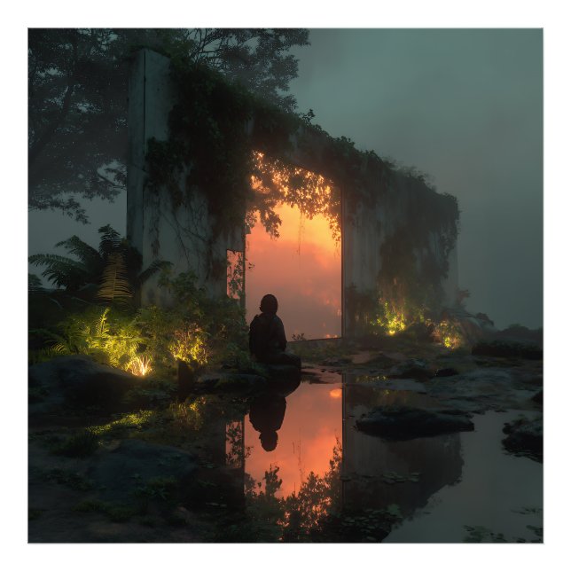 Silhouette Before Fiery Ruin Sunset Photo Print (Front)