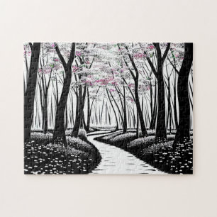 Silhouette Black and White Trees and Purple Leaves Jigsaw Puzzle