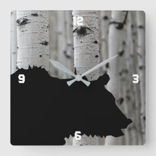Silhouette Black Bear Aspen Tree Wall Clock