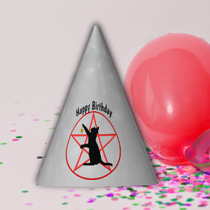 Silhouette Black Cat Red Pentagram Circle Grey Party Hat