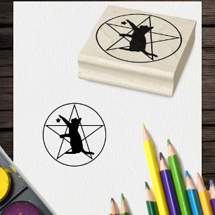 Silhouette Black Cat Star Pentagram in Circle Rubber Stamp