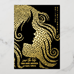 Silhouette Black Gold Quinceañera Save the Date Foil Holiday Card