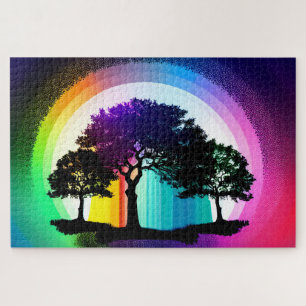 Silhouette Black Trees Encircled by Rainbow Hues Jigsaw Puzzle