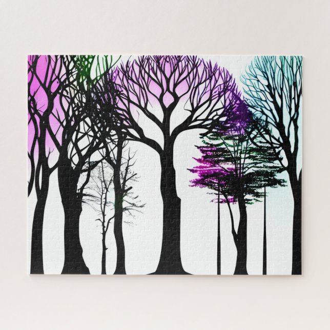 Silhouette Black Trees with Purple Green and Blue Jigsaw Puzzle (Horizontal)
