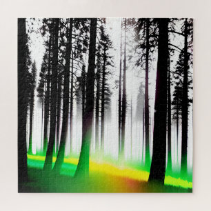 Silhouette Black Trees with Yellow and Green Mist Jigsaw Puzzle