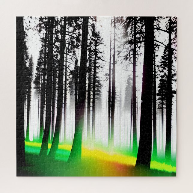 Silhouette Black Trees with Yellow and Green Mist Jigsaw Puzzle (Horizontal)