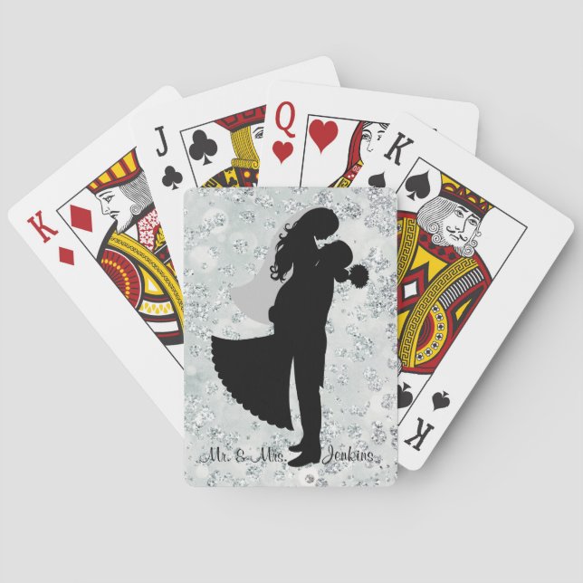 Silhouette Bride & Groom Silver Bokeh Bling Playing Cards (Back)