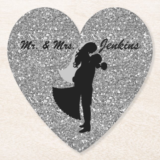 Silhouette Bride & Groom Silver Faux Glitter Paper Coaster (Front)