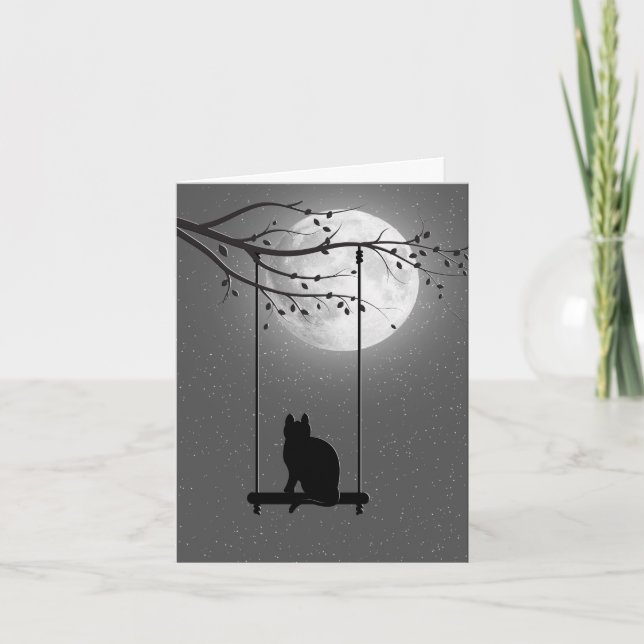 Silhouette Cat On A Swing In Moonlight Note Card (Front)