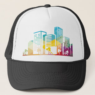 silhouette cityscape building icon colour city trucker hat