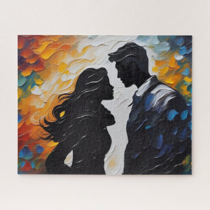 Silhouette Couple About to Kiss in Vibrant Colours Jigsaw Puzzle