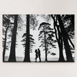 Silhouette Couple Embrace in Black White Forest Jigsaw Puzzle