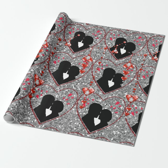 Silhouette Couple Red Heart Droplets Silver Wrapping Paper (Unrolled)