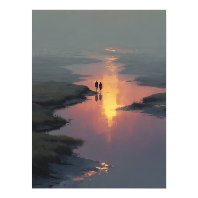 Silhouette Couple Sunset Stream Reflection Photo Print (Front)