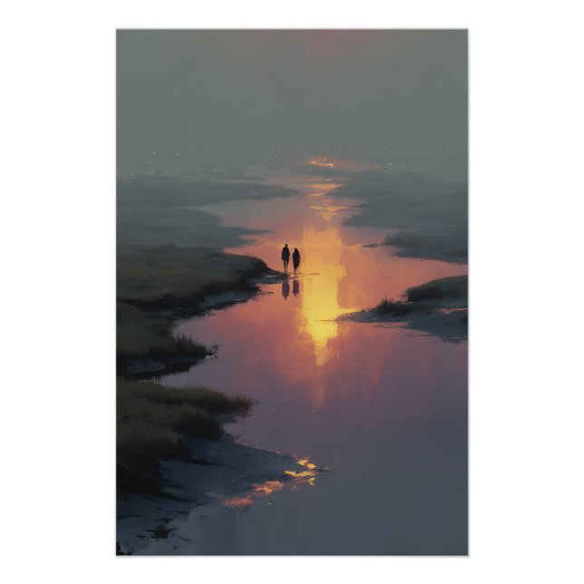 Silhouette Couple Sunset Stream Reflection Poster (Front)