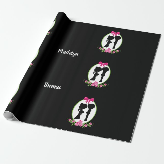 Silhouette Couple with Bride & Groom Names Wrapping Paper (Unrolled)