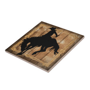 Silhouette Cowboy on a Bucking Bronco Horse Tile