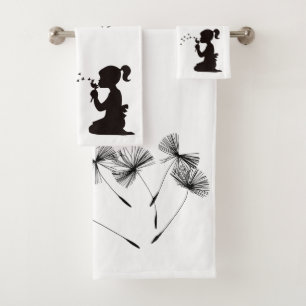 Silhouette Dandelion Blowing White and Black Bath Towel Set
