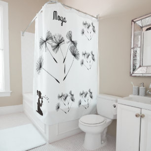 Silhouette Dandelion Blowing White and Black Shower Curtain