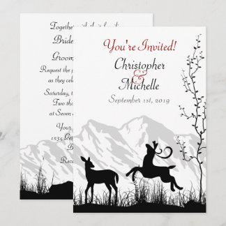 Silhouette Deer and Mountains Black, White Wedding Invitation