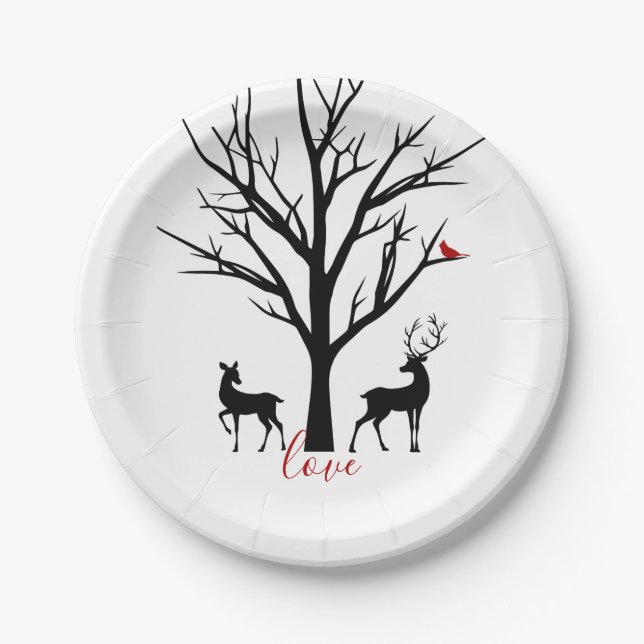 Silhouette Deer Couple in Love Winter Paper Plate (Front)