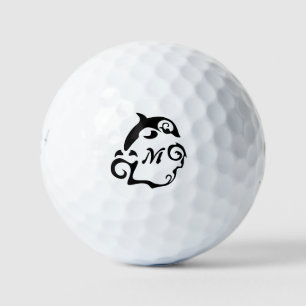 Silhouette Dolphin in a Black Sea Wave Golf Balls