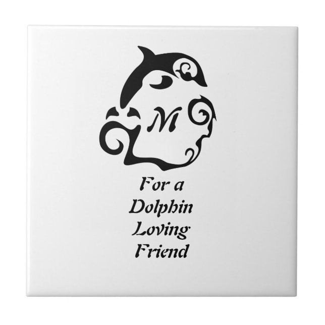 Silhouette Dolphin in a Black Sea Wave Monogram Ceramic Tile (Front)