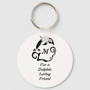 Silhouette Dolphin in a Black Sea Wave Monogram Key Ring