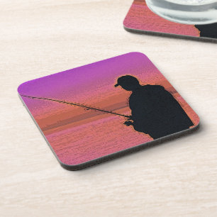 Silhouette Fishing at Sunset Digial Art Coasters
