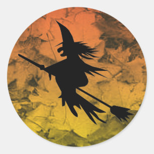 Silhouette Flying Witch Fall Leaves Halloween Classic Round Sticker
