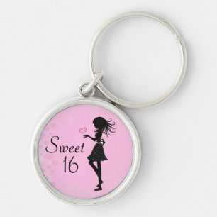 Silhouette Girl and Hearts Sweet 16 Pink and Black Key Ring