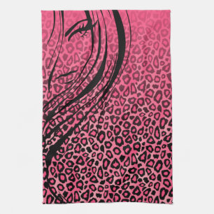 Silhouette Girl Pink Leopard Animal Print Tea Towel