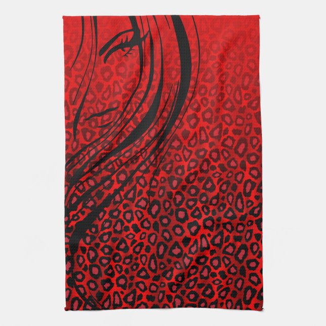 Silhouette Girl | Red Leopard Animal Print Tea Towel (Vertical)