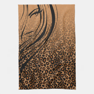 Silhouette Girl   Tan Leopard Animal Print Tea Towel