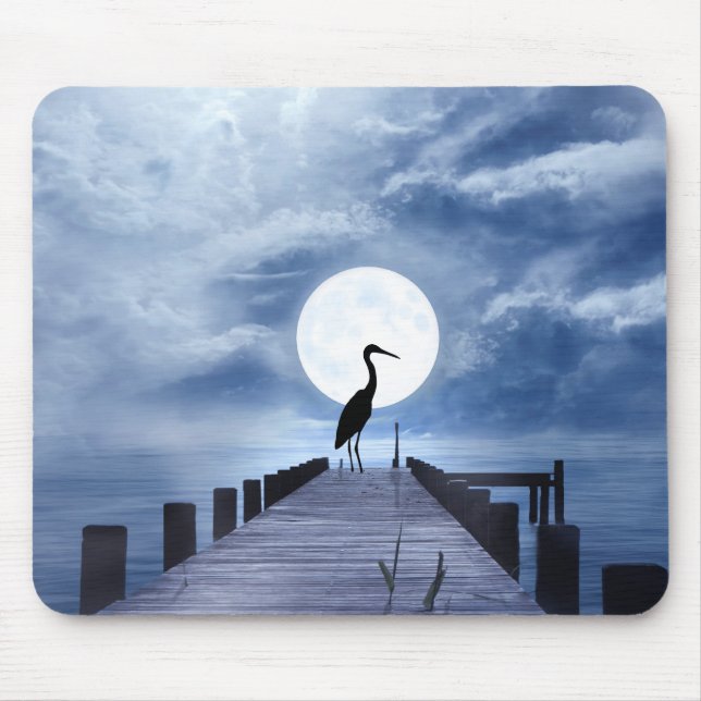 Silhouette Heron on Pier Full Moon Beach Mouse Pad (Front)